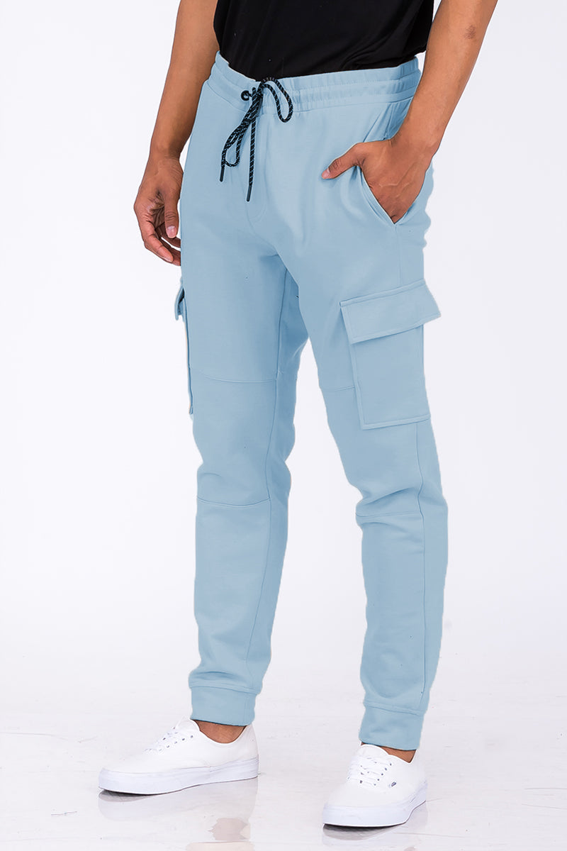 Blue Cotton Blend Cargo Joggers