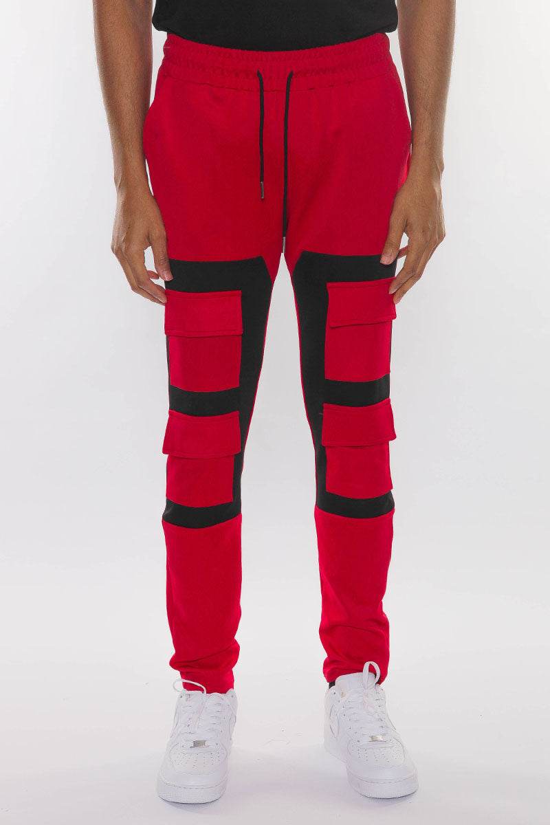 Men's Color Block Cargo Track Pants - Red/Black