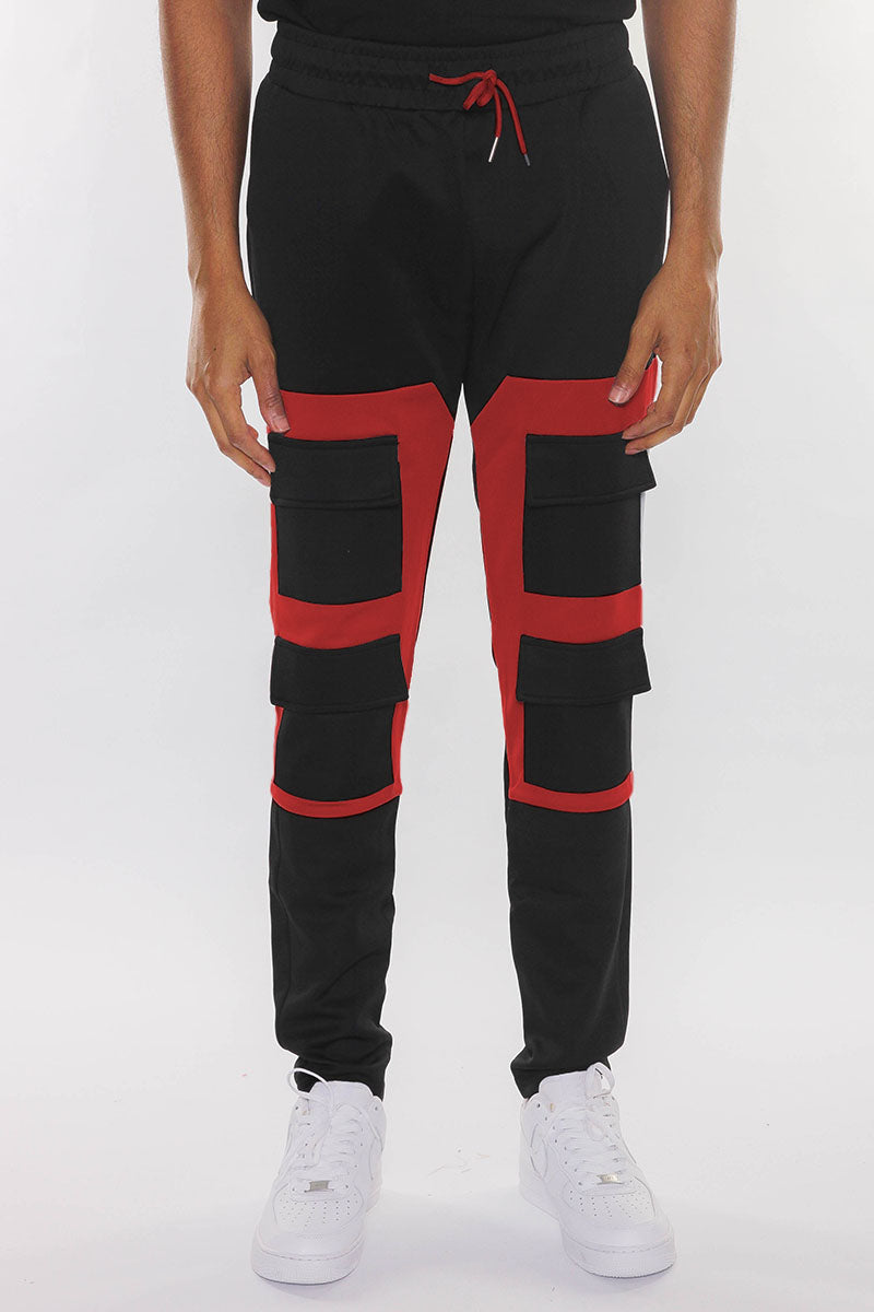 Men's Color Block Cargo Track Pants - Black/Red