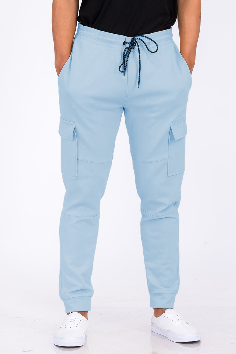 Blue Cotton Blend Cargo Joggers