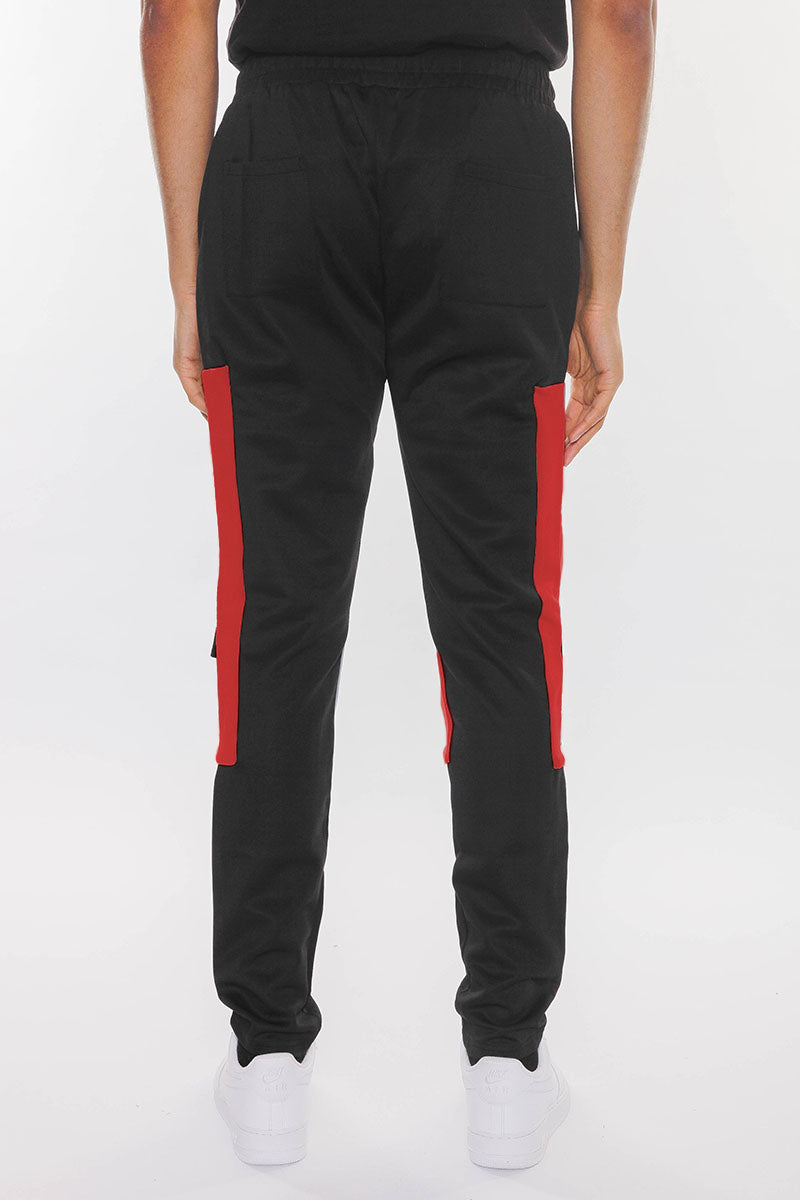Men's Color Block Cargo Track Pants - Black/Red