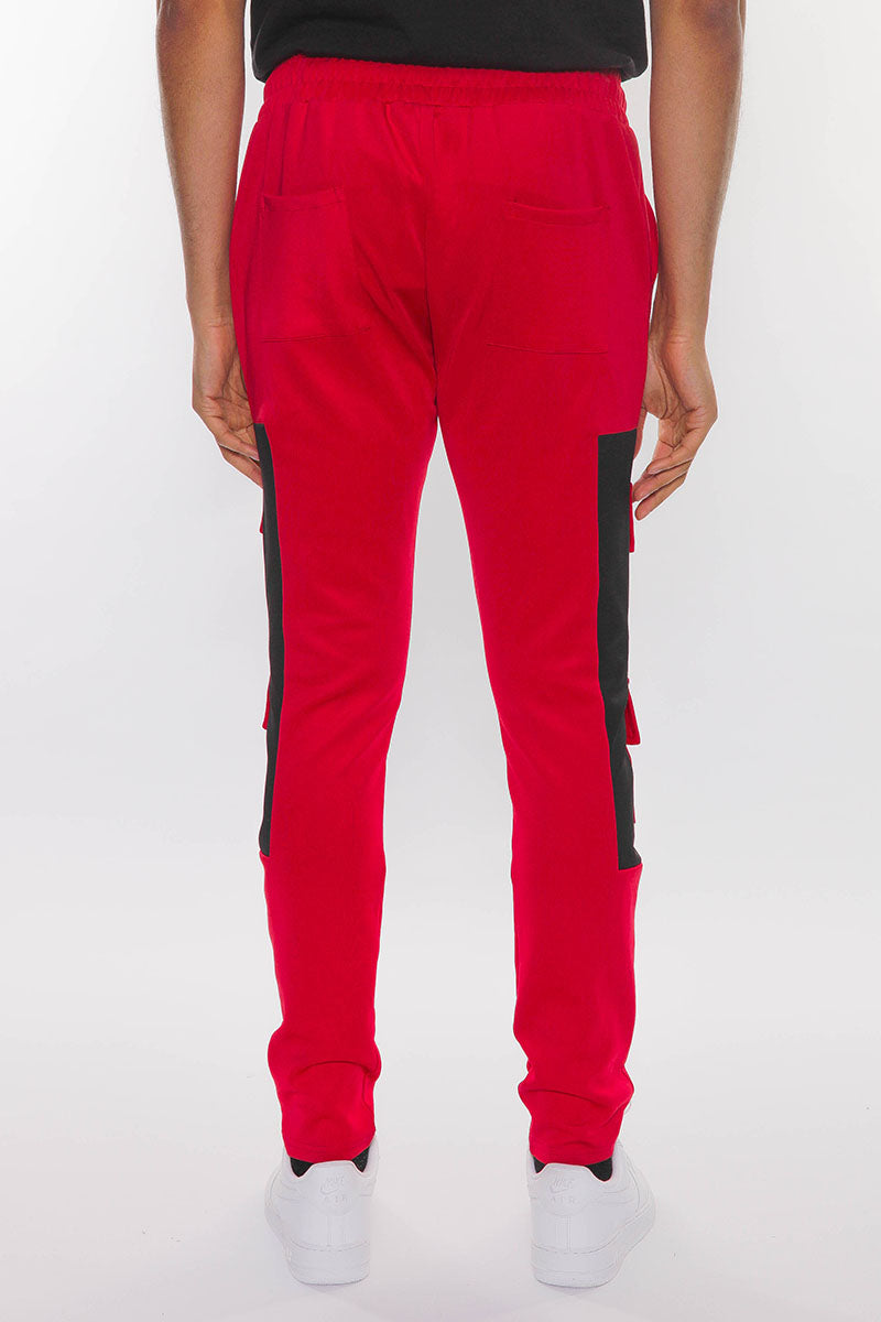Men's Color Block Cargo Track Pants - Red/Black