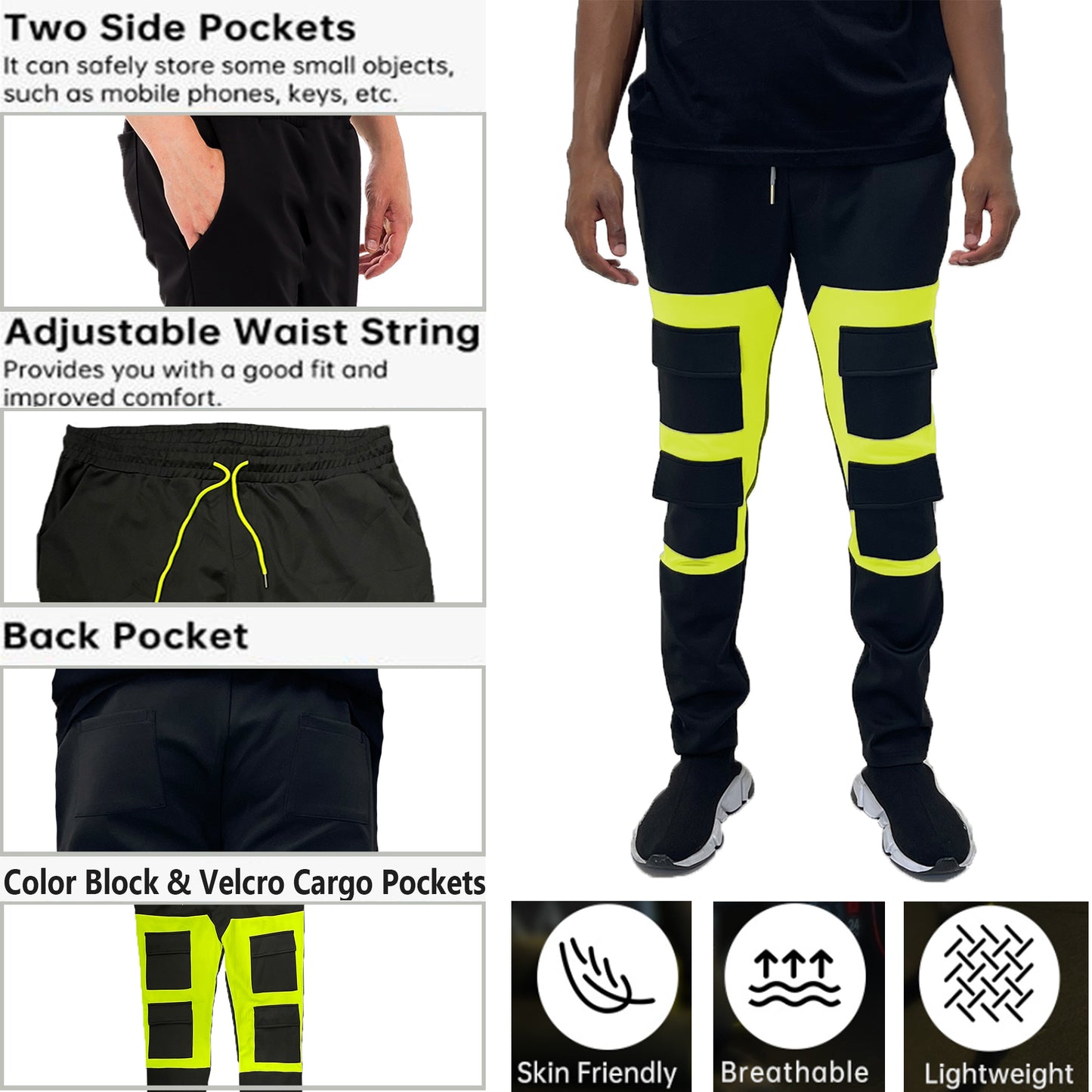 Men's Color Block Cargo Track Pants - Black/Red