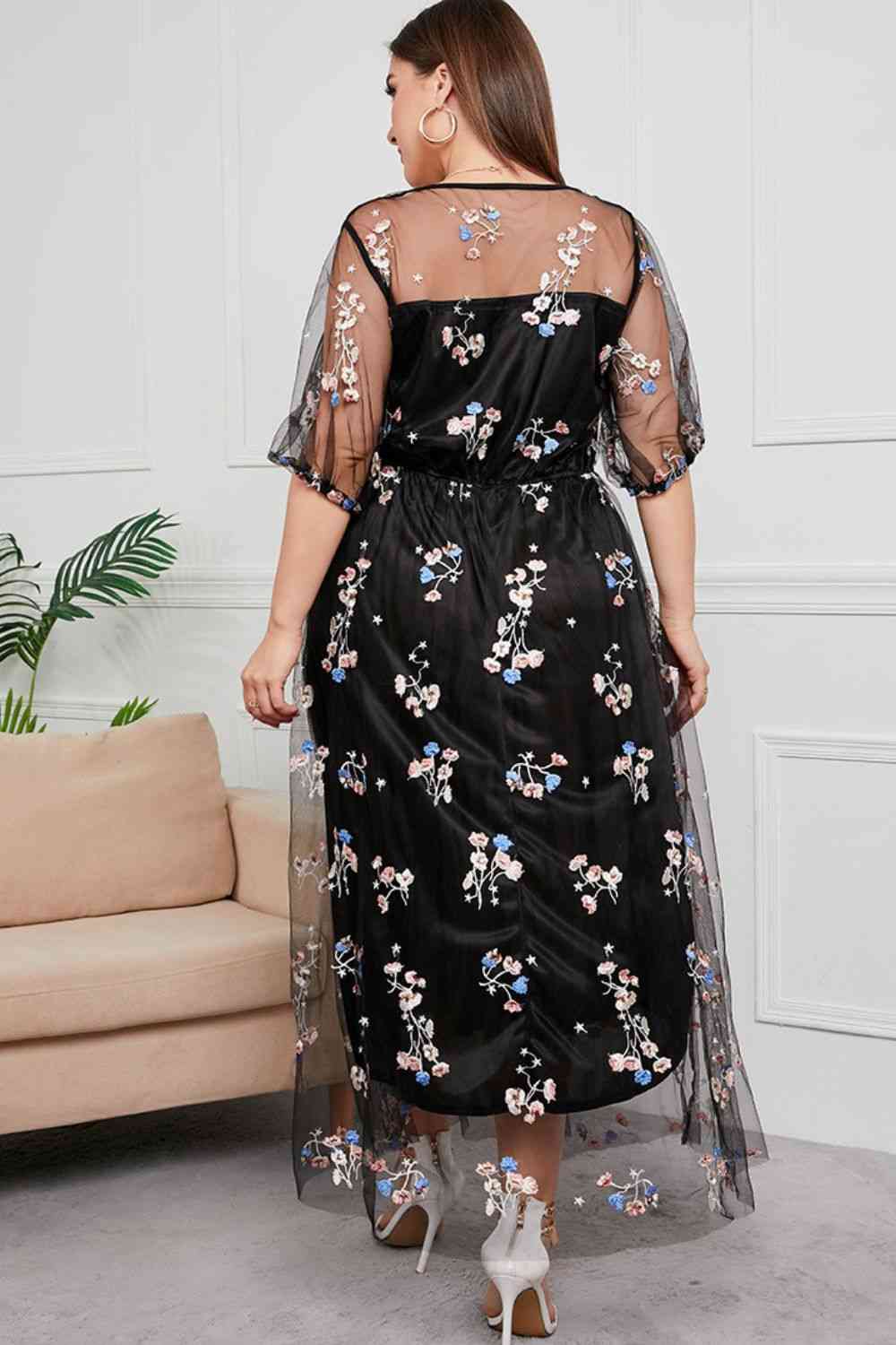Plus Size Layered Mesh Round Neck Maxi Dress