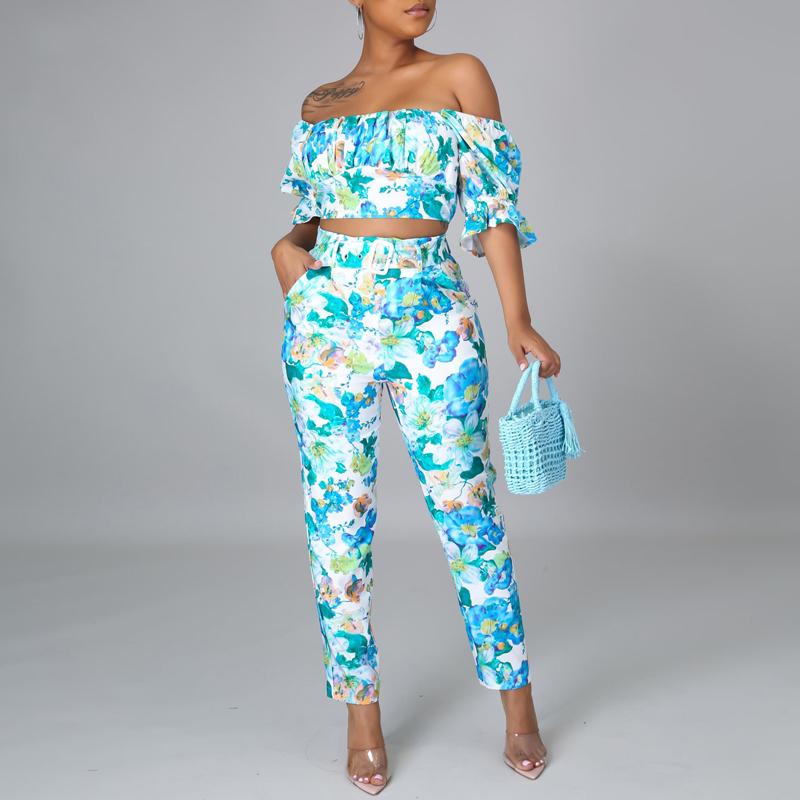 Sexy Floral Print Short Sleeve Off Shoulder Crop Tops + Long Pants