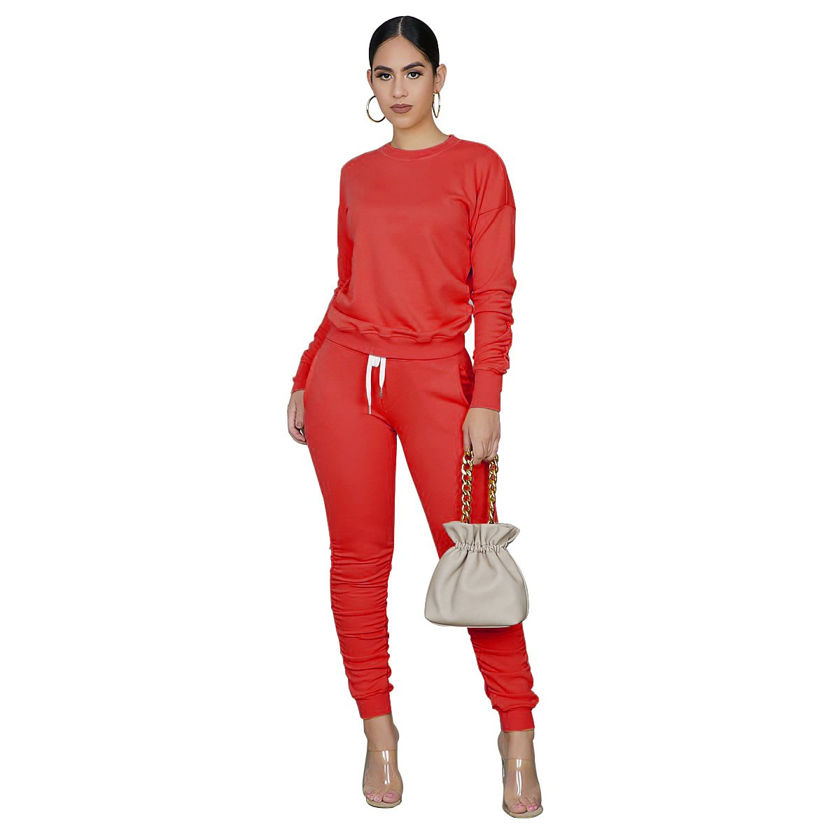 High Elastic Ruched Long Sleeve Tops and Pants Sports Set