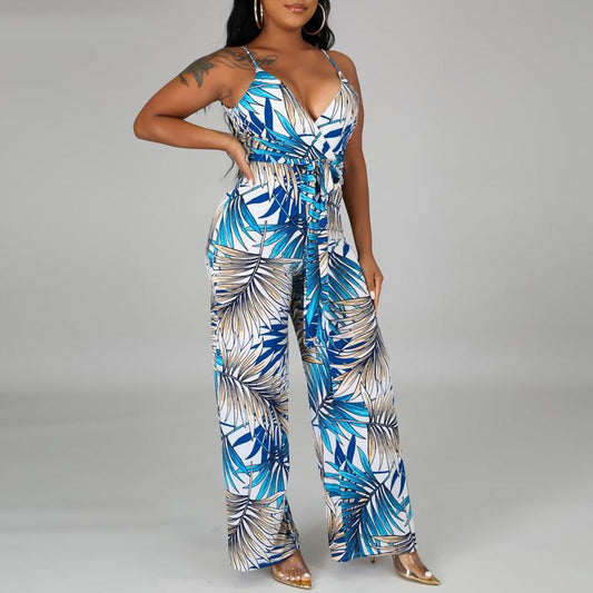 Sleeveless Leaf Print Rompers Womens Jumpsuit Sexy Strap V Neck Long
