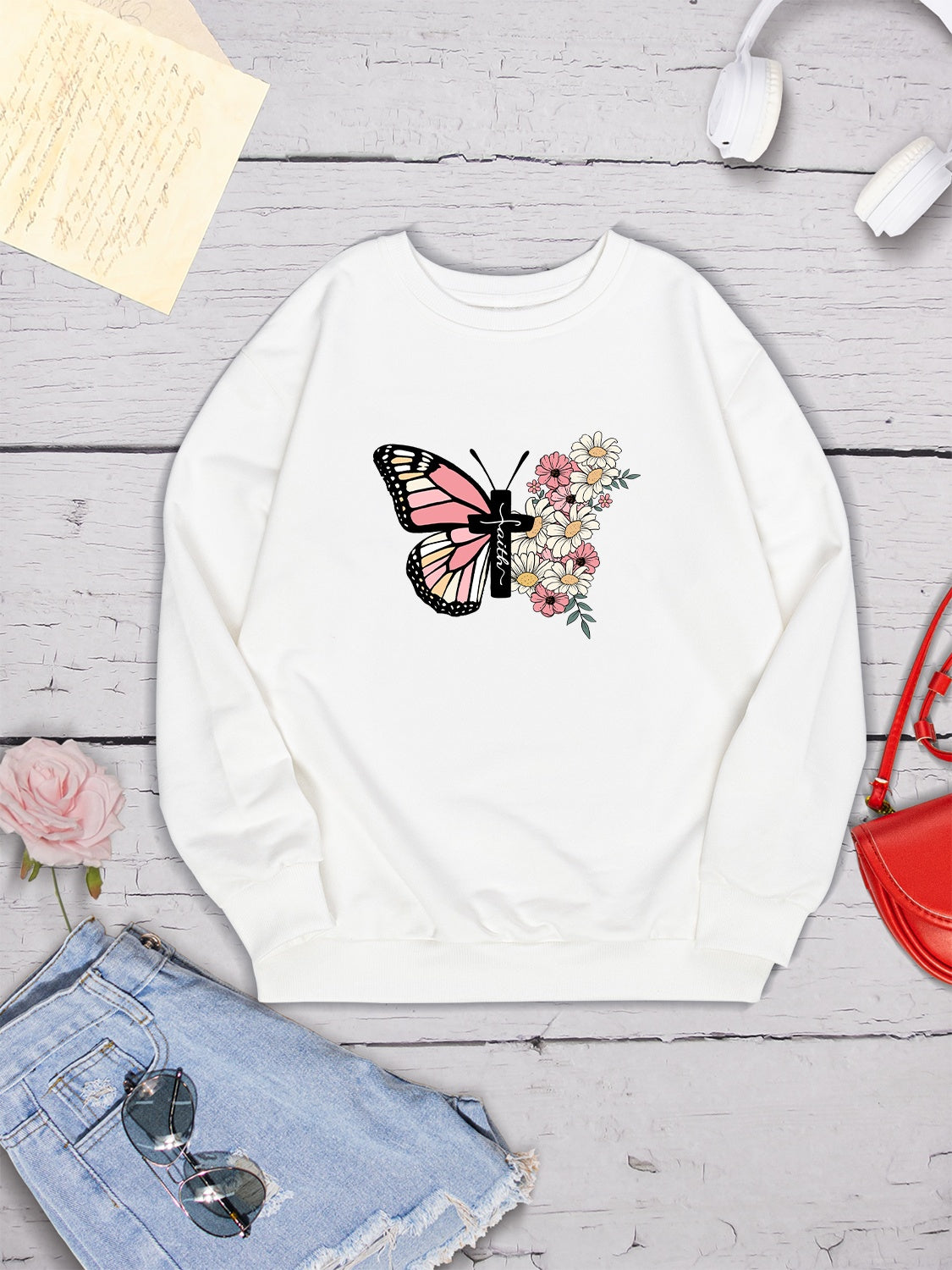 Butterfly Round Neck Dropped Shoulder Sweatshirt