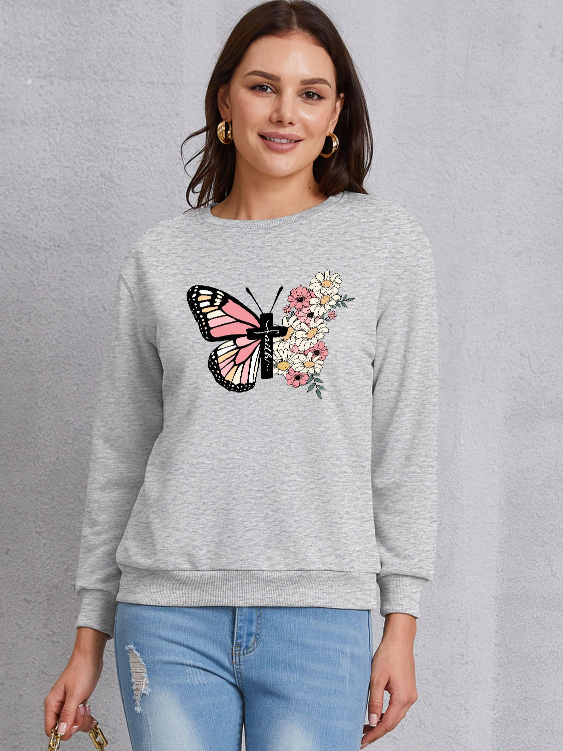 Butterfly Round Neck Dropped Shoulder Sweatshirt