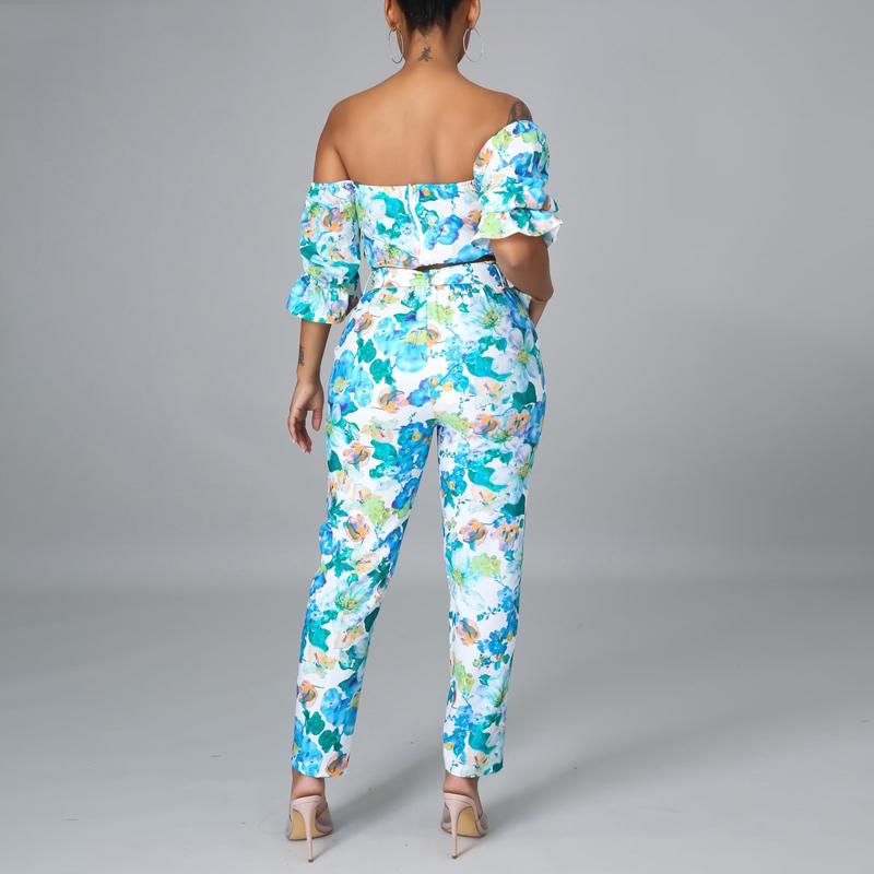 Sexy Floral Print Short Sleeve Off Shoulder Crop Tops + Long Pants