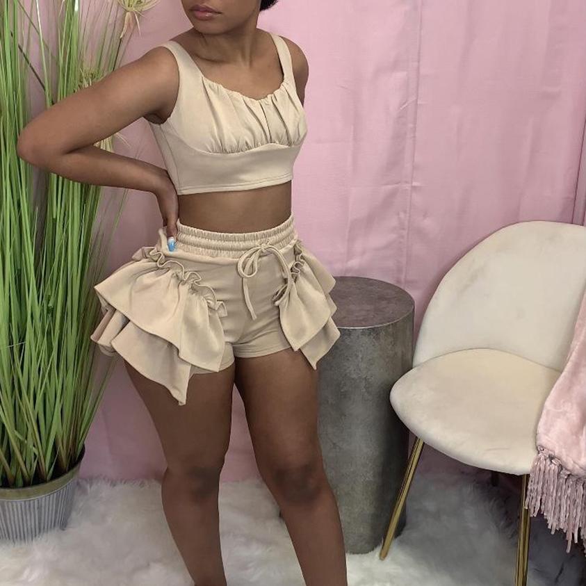 Sexy Ladies Beach Outfit Crop Tank Tops Ruffles Drawstring Shorts