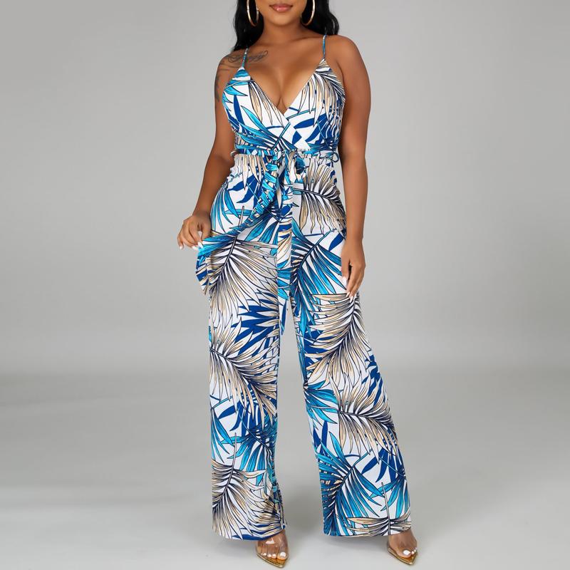 Sleeveless Leaf Print Rompers Womens Jumpsuit Sexy Strap V Neck Long