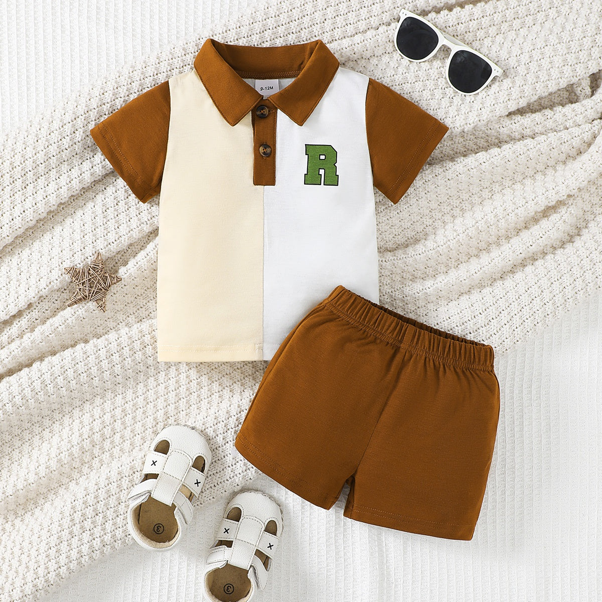 R Initial Short Sleeve Top and Elastic Waist Shorts Set