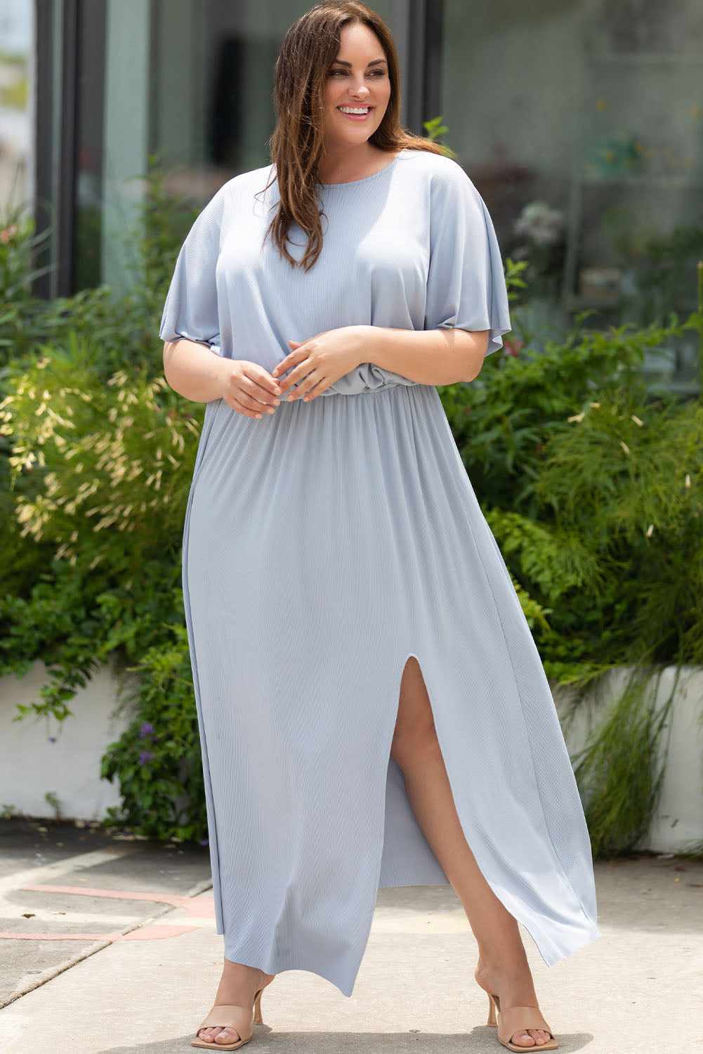 Plus Size Round Neck Split Flutter Sleeve Maxi Dress