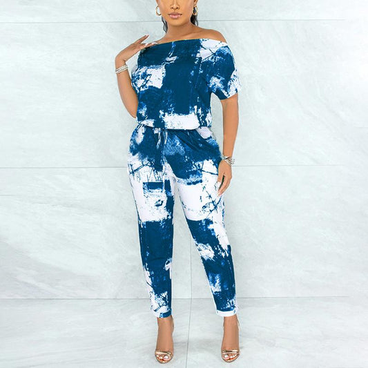 Two Piece Tie Dye Suits Off Shoulder Shirt Top & Slim Pants Set