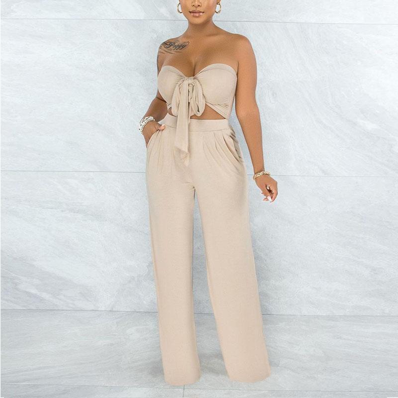 Two Piece Chic Suits Solid Tube Top & Loose Pants Set