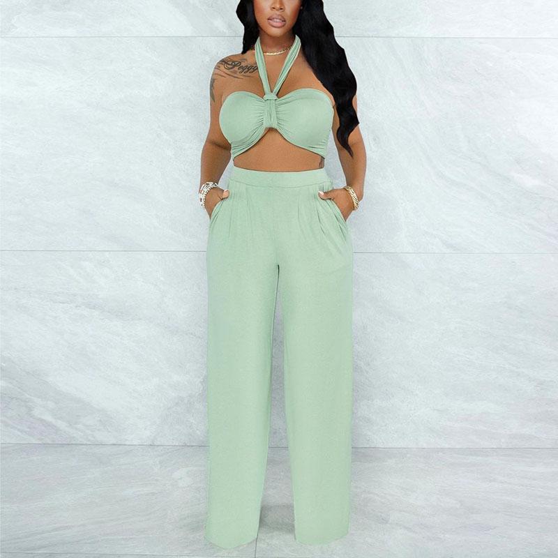 Two Piece Chic Suits Solid Tube Top & Loose Pants Set