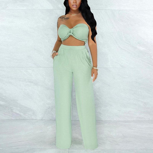 Two Piece Chic Suits Solid Tube Top & Loose Pants Set