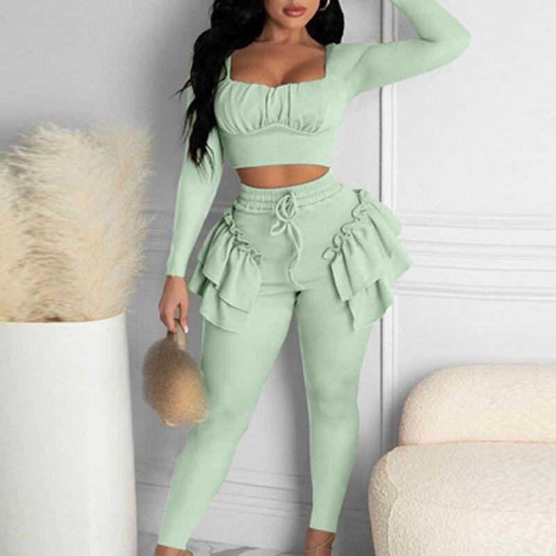 Double Ruffle Outfits Sexy Strapless Long Sleeve Pullover and