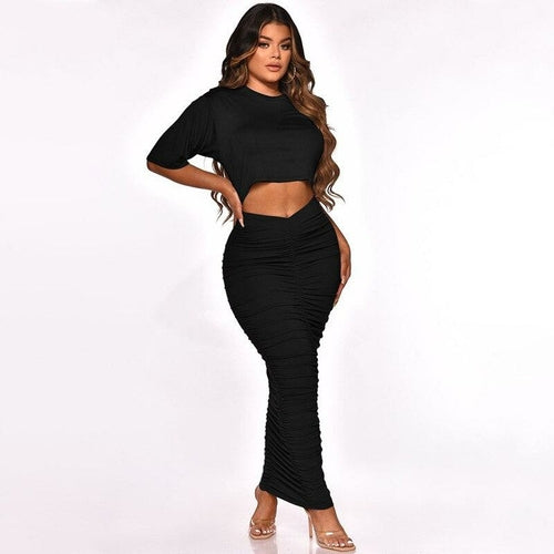 Two Piece Set Long Sleeve T Shirt Crop Top Summer Skinny Long Skirts