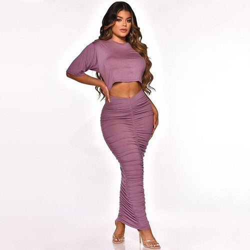 Two Piece Set Long Sleeve T Shirt Crop Top Summer Skinny Long Skirts