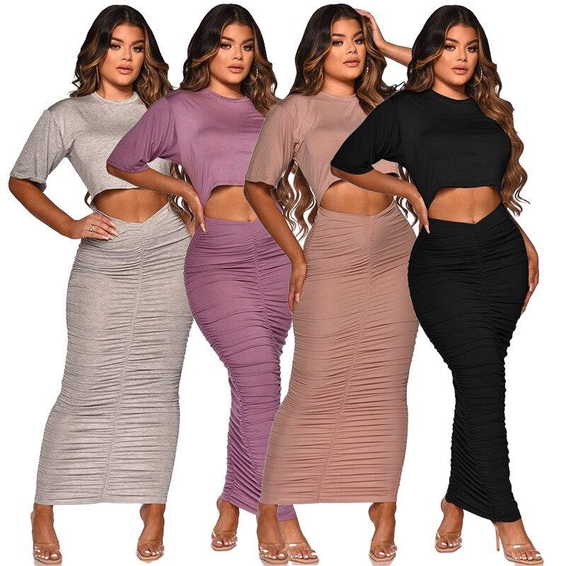 Two Piece Set Long Sleeve T Shirt Crop Top Summer Skinny Long Skirts