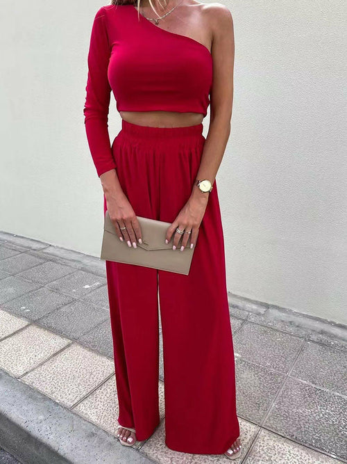 Two Piece Sets Women Sexy One Shoulder Shirt Pullover and Wide Leg