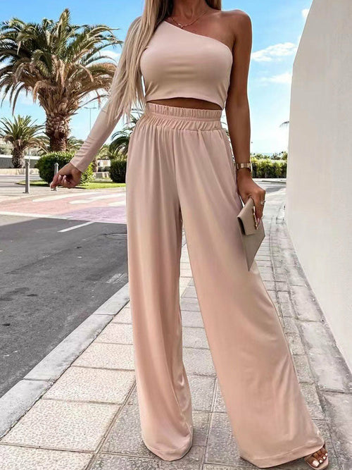 Two Piece Sets Women Sexy One Shoulder Shirt Pullover and Wide Leg