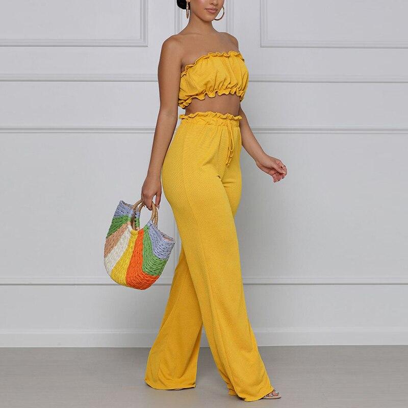 Two Piece Casual Chic Suits Tube Top & High Waist Loose Pants Set