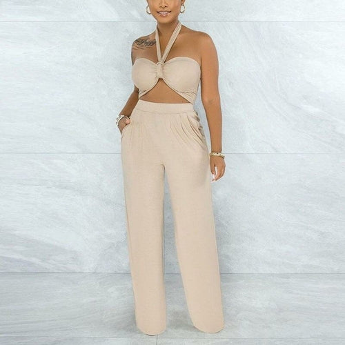 Two Piece Chic Suits Solid Tube Top & Loose Pants Set