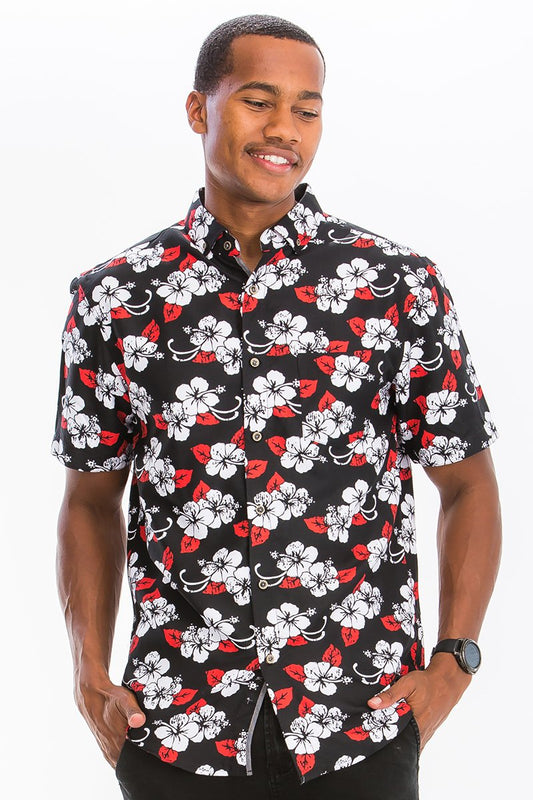 Men's Black Floral Hawaiian Button Down Shirt