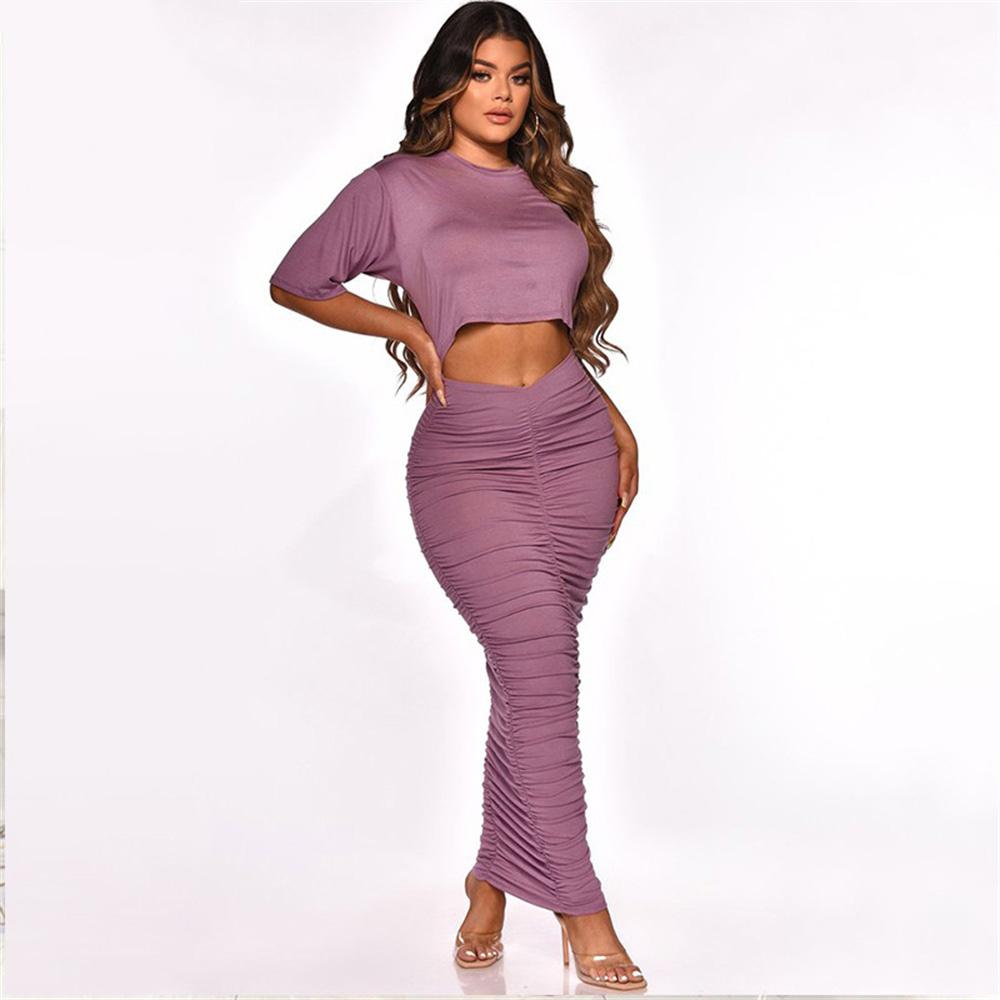 Two Piece Set Long Sleeve T Shirt Crop Top Summer Skinny Long Skirts