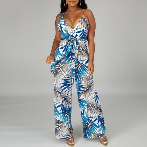 Sleeveless Leaf Print Rompers Womens Jumpsuit Sexy Strap V Neck Long