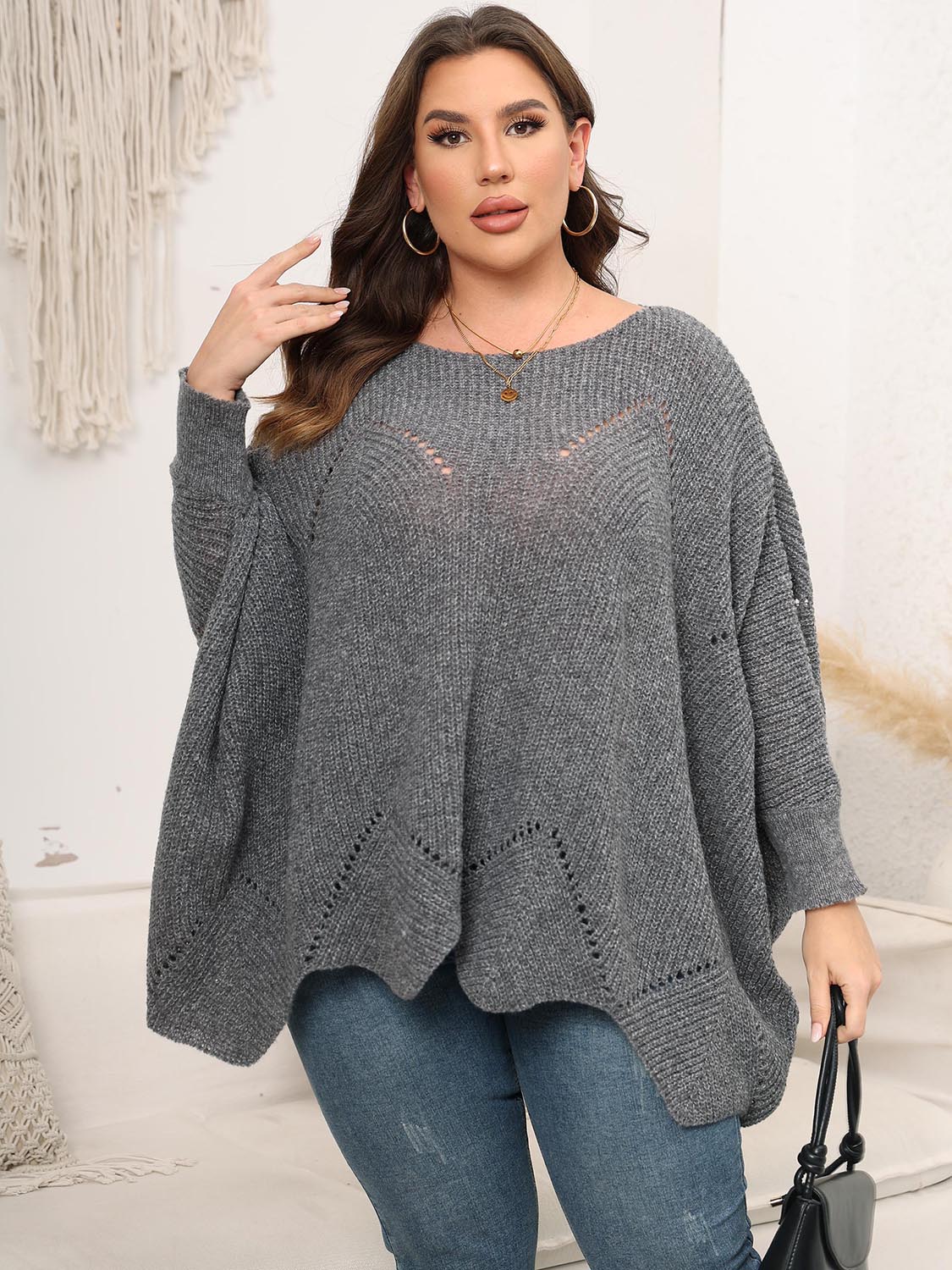 Plus Size Round Neck Batwing Sleeve Sweater