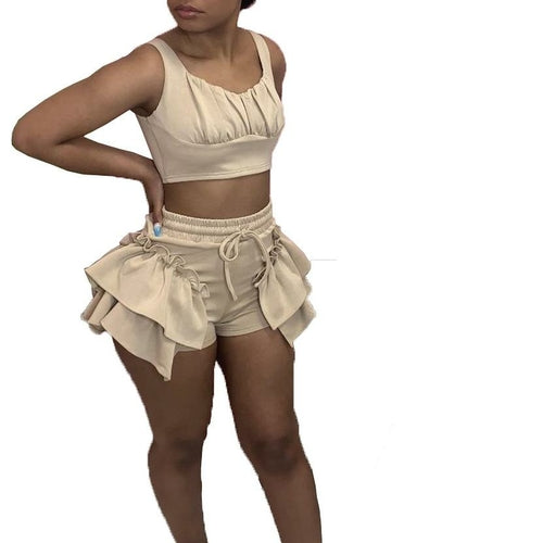 Sexy Ladies Beach Outfit Crop Tank Tops Ruffles Drawstring Shorts