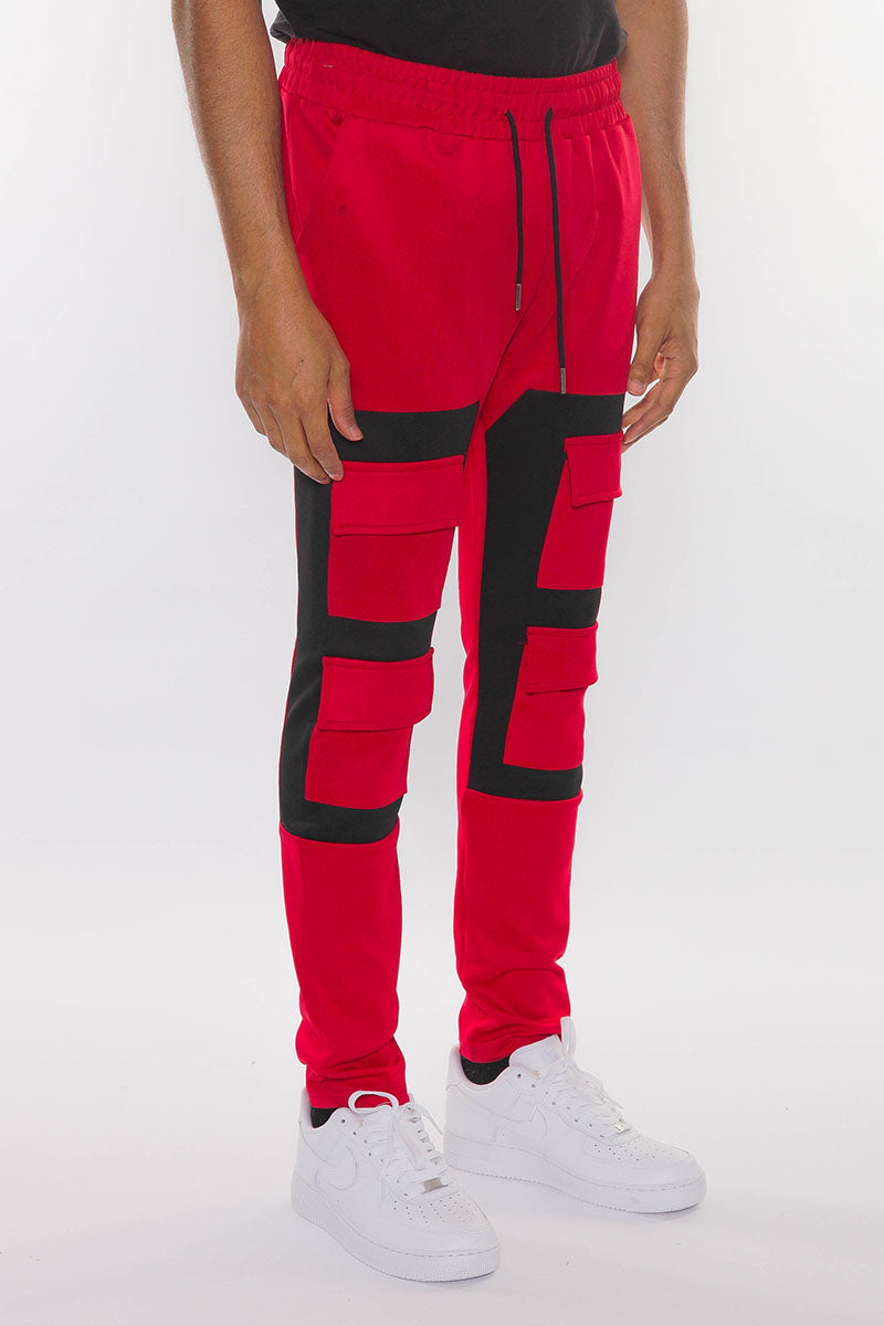Men's Color Block Cargo Track Pants - Red/Black