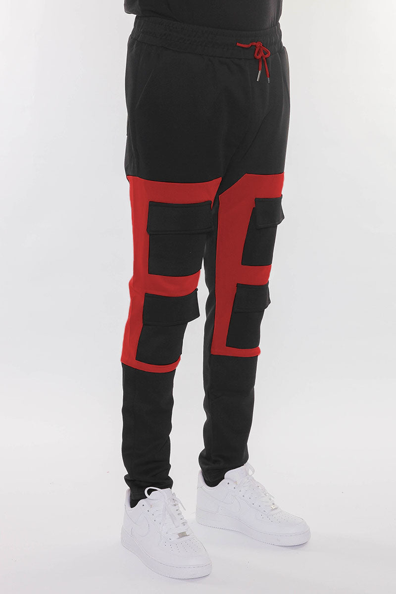 Men's Color Block Cargo Track Pants - Black/Red