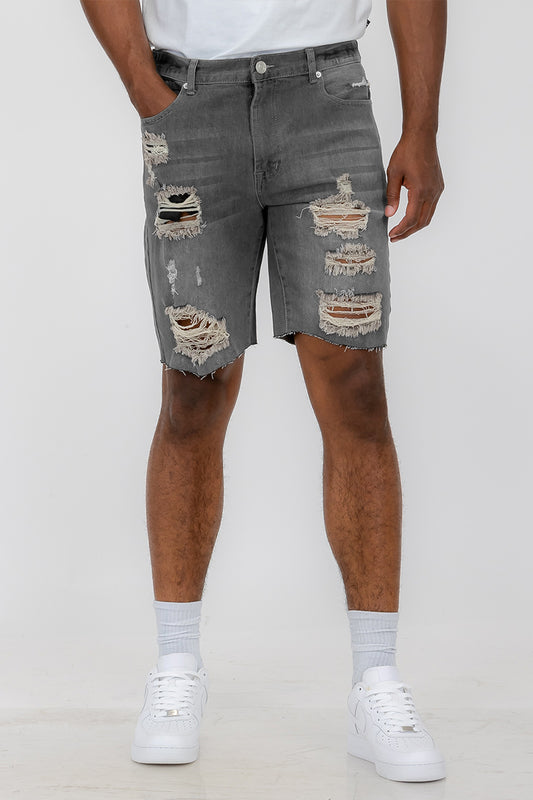 Mens Distressed Denim Shorts - Grey