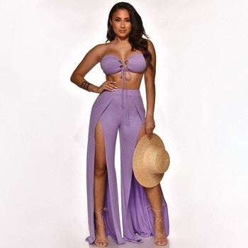 Solid Strapless Short Tops Splice Long Pants Summer Beach Outfits