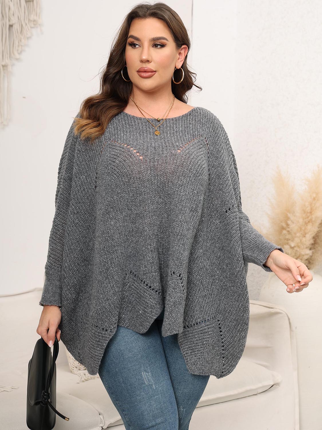 Plus Size Round Neck Batwing Sleeve Sweater