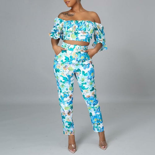 Sexy Floral Print Short Sleeve Off Shoulder Crop Tops + Long Pants