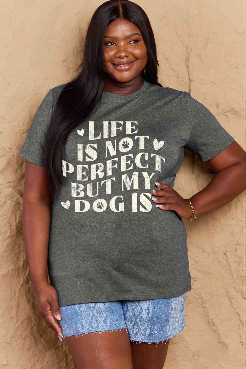 Camiseta de algodón con estampado de eslogan de perro de tamaño completo de Simply Love