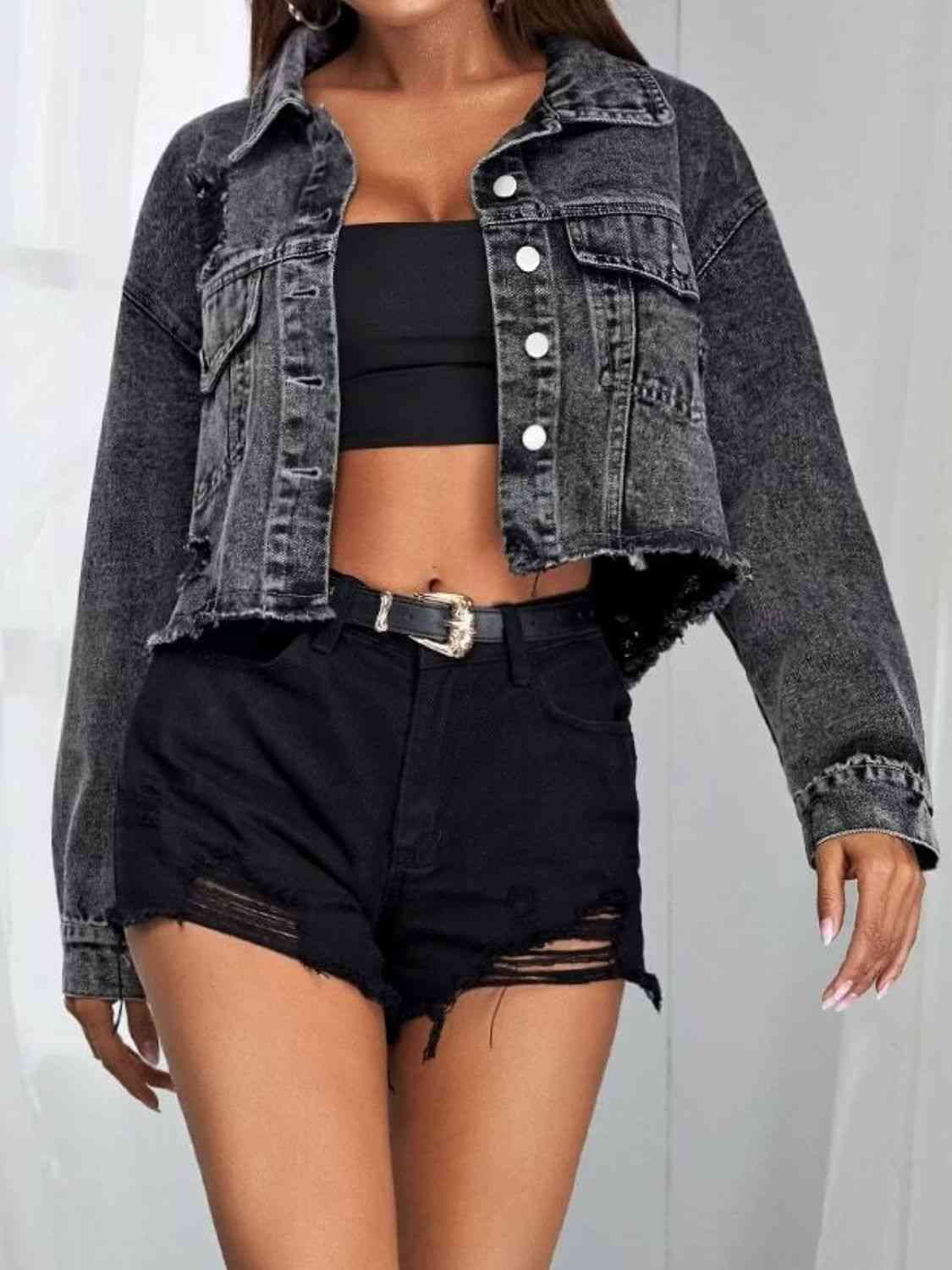 Collared Neck Dropped Shoulder Button-Down Denim Jacket