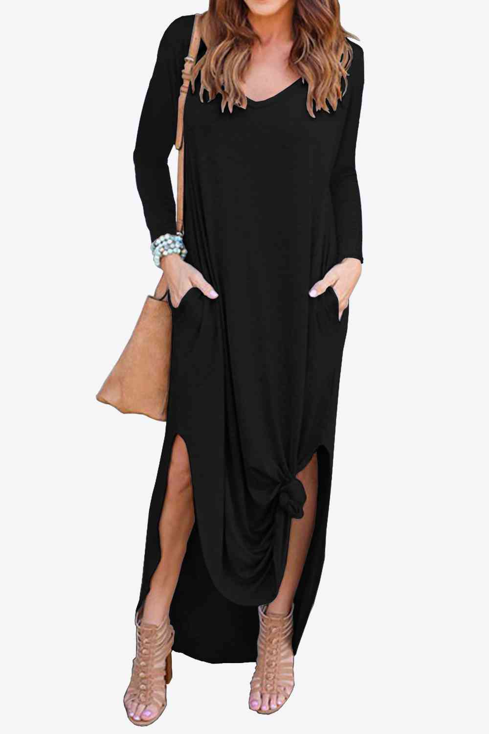 Split Long Sleeve V-Neck Maxi Dress