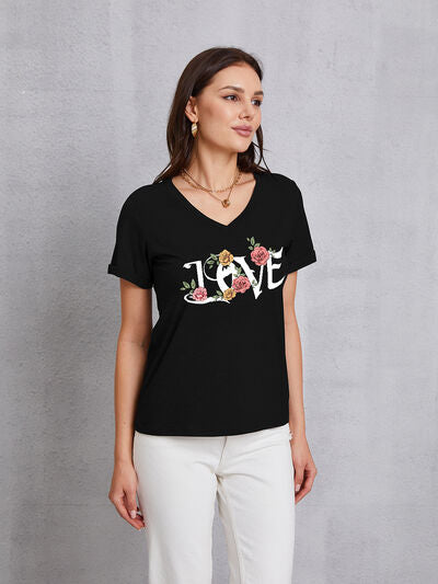 Camiseta de manga corta con cuello en V LOVE