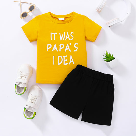 Conjunto de camiseta y pantalones cortos con gráfico IT WAS PAPA'S IDEA para niños