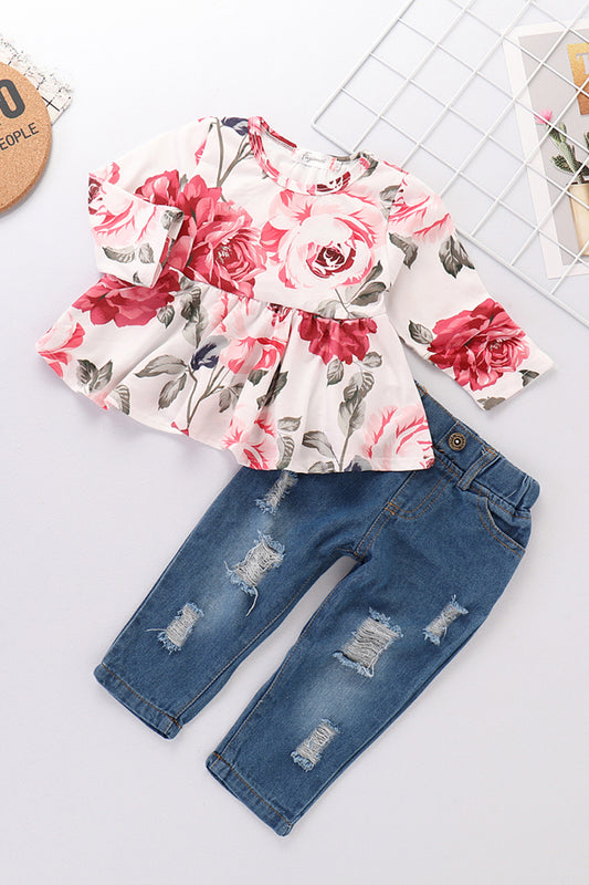 Conjunto de jeans y top babydoll floral para niñas
