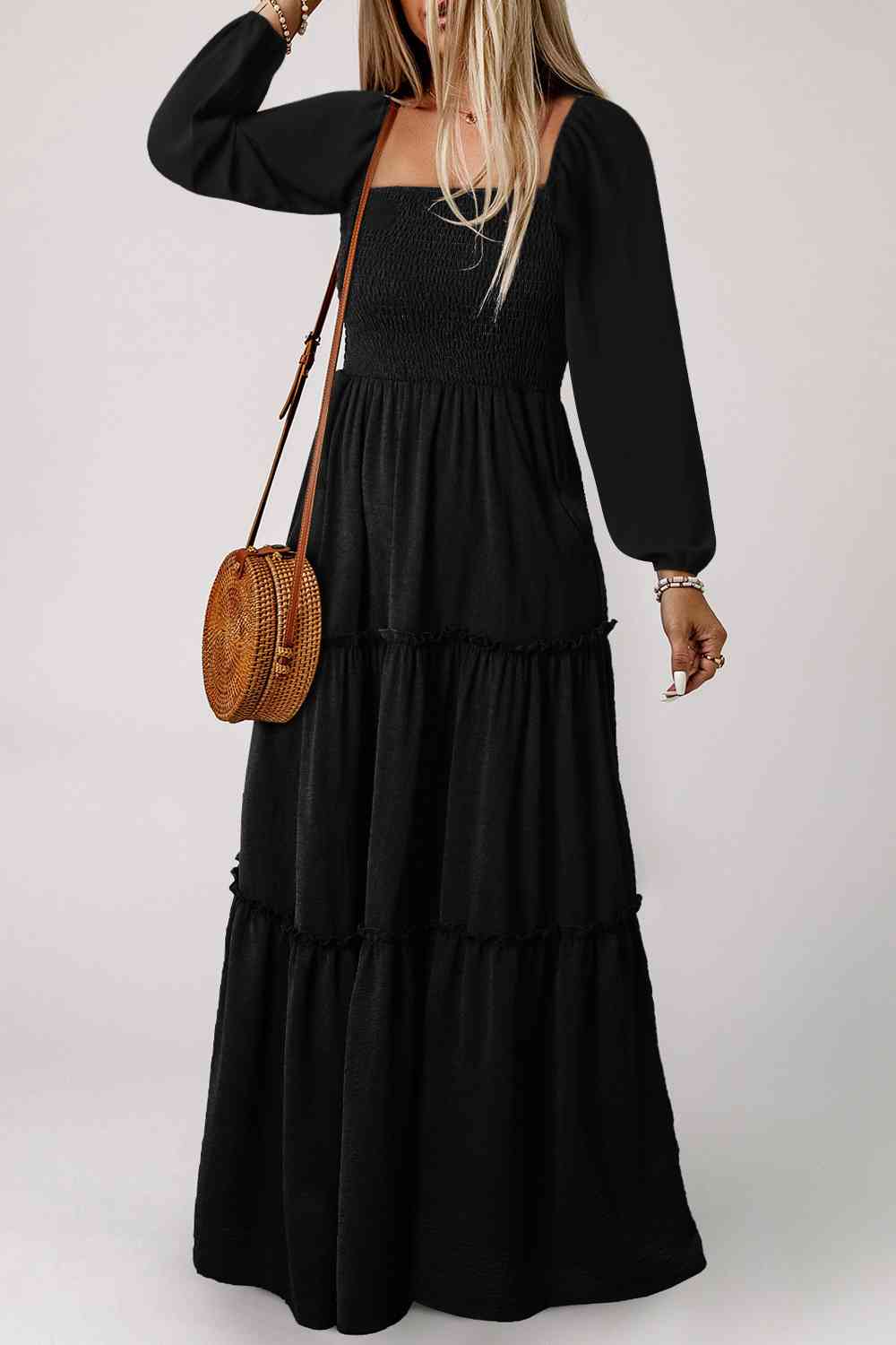 Square Neck Long Sleeve Tiered Dress