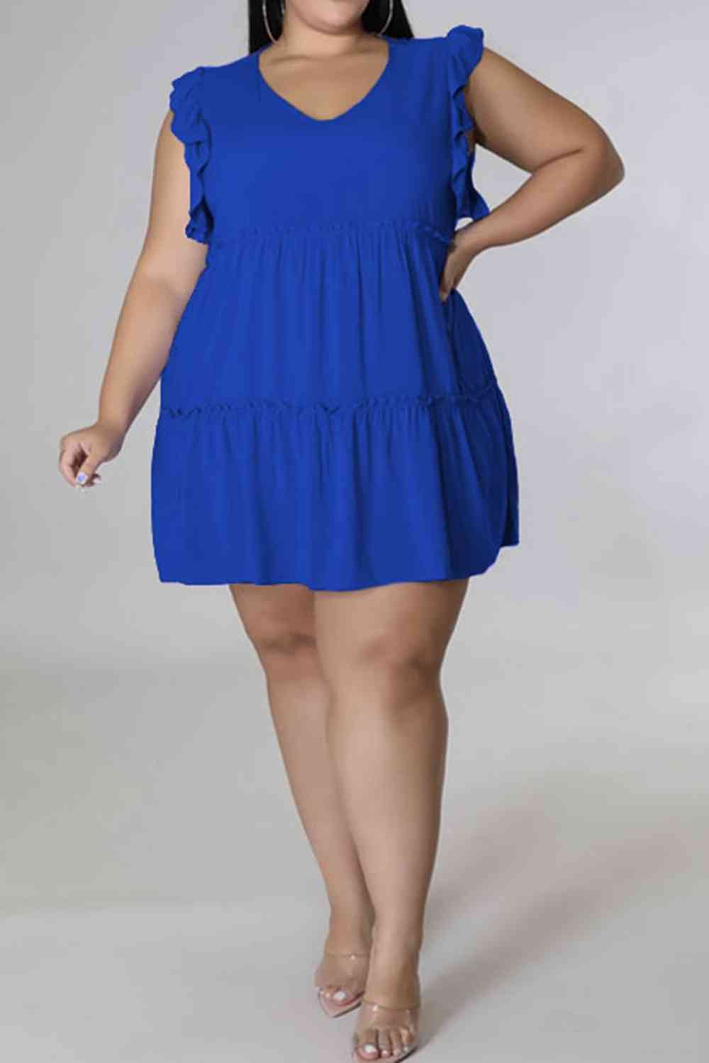 Plus Size V-Neck Frill Trim Mini Dress