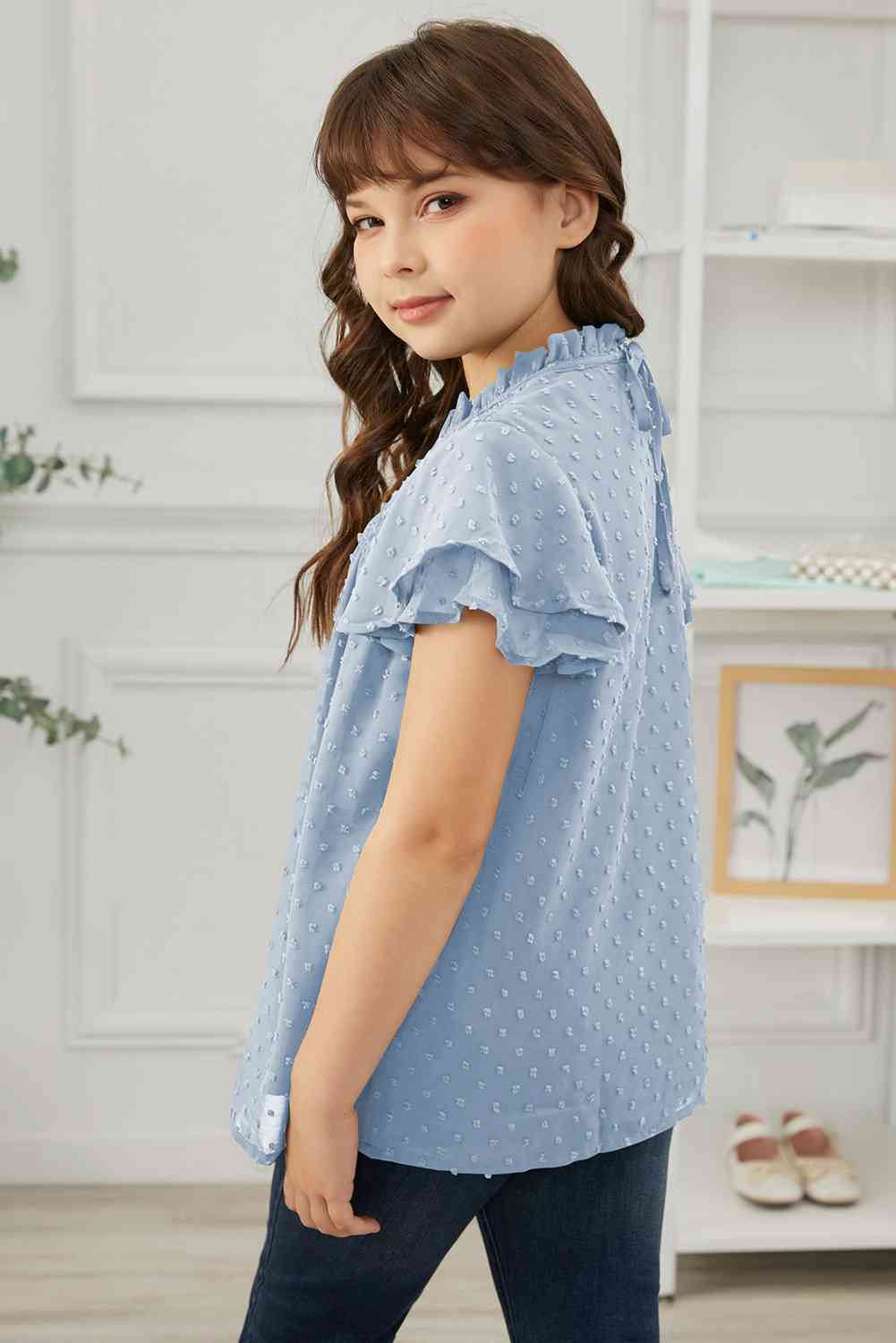 Girls Swiss Dot Smocked Flutter Sleeve Blouse